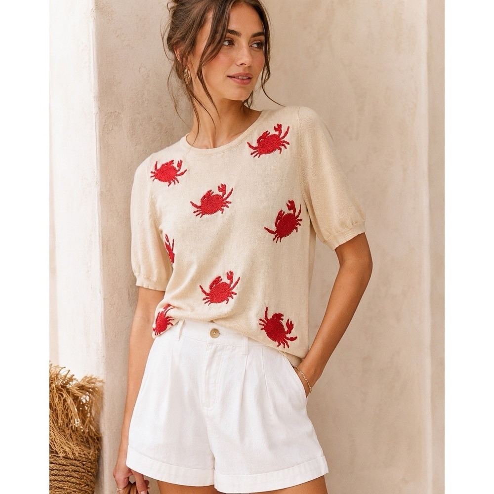Pepaloves Sweater Top Womens XS Cream Crab Coastal Beach Summer